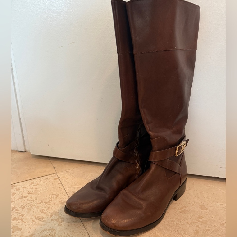 Brown Leather Rider Boots with Gold Accent - Picture 3 of 5